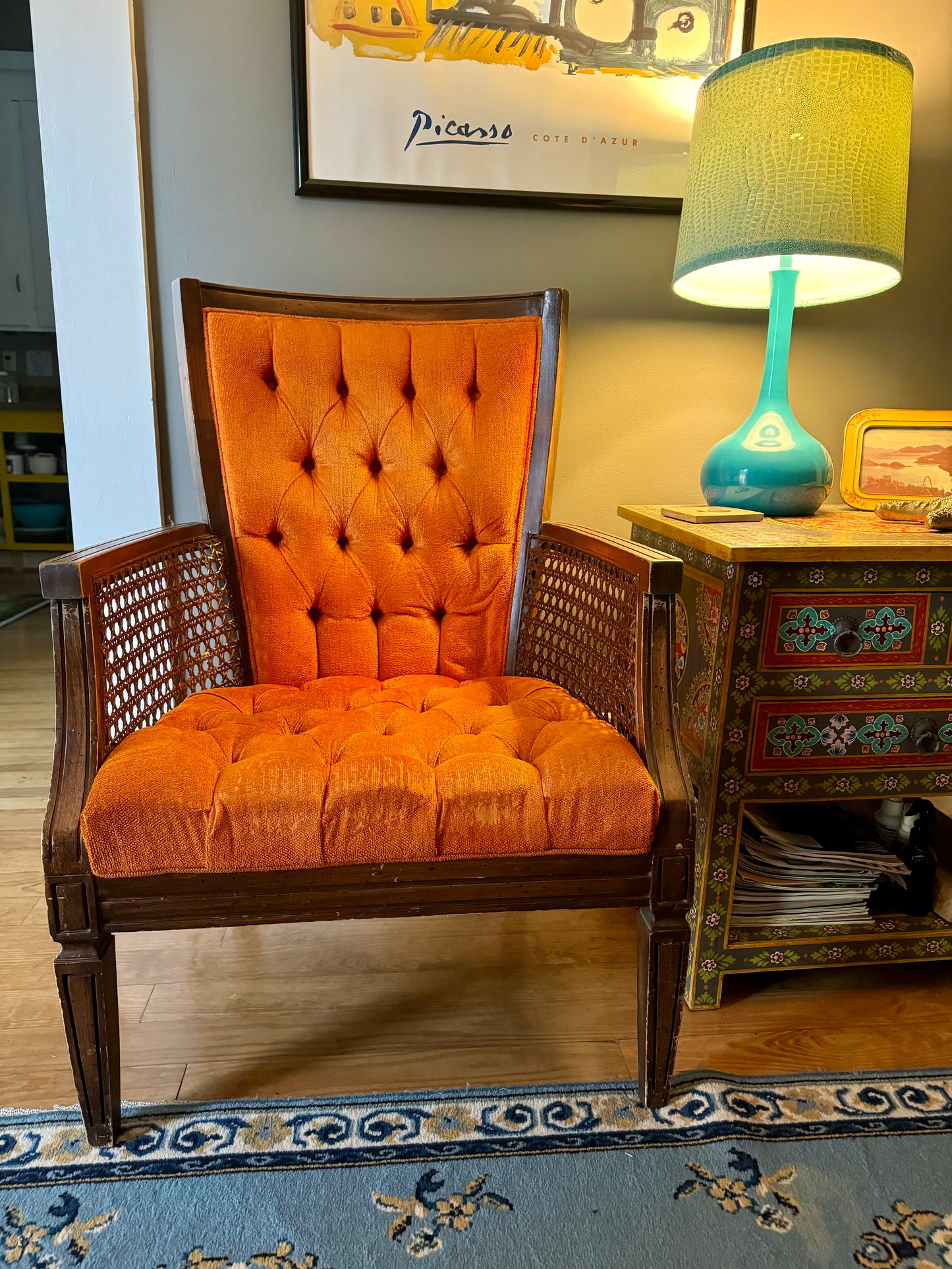 VINTAGE WALNUT TUFTED ORANGE VELVET CHAIR WITH CANED ARMS