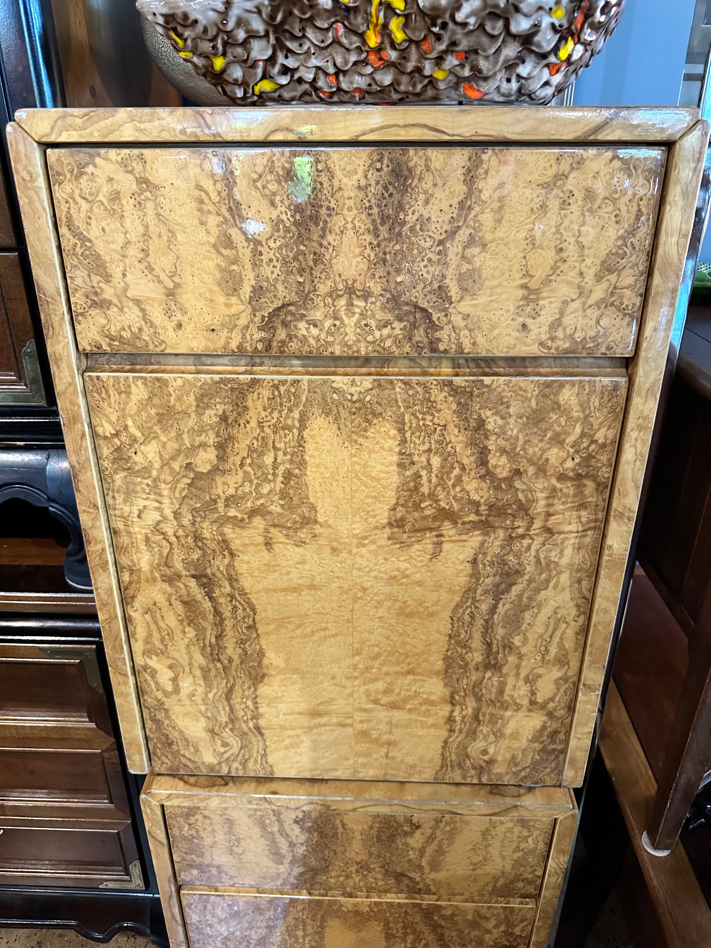 PAIR OF MILO BAUGHMAN STYLE BURLWOOD NIGHTSTANDS BY HABITAT