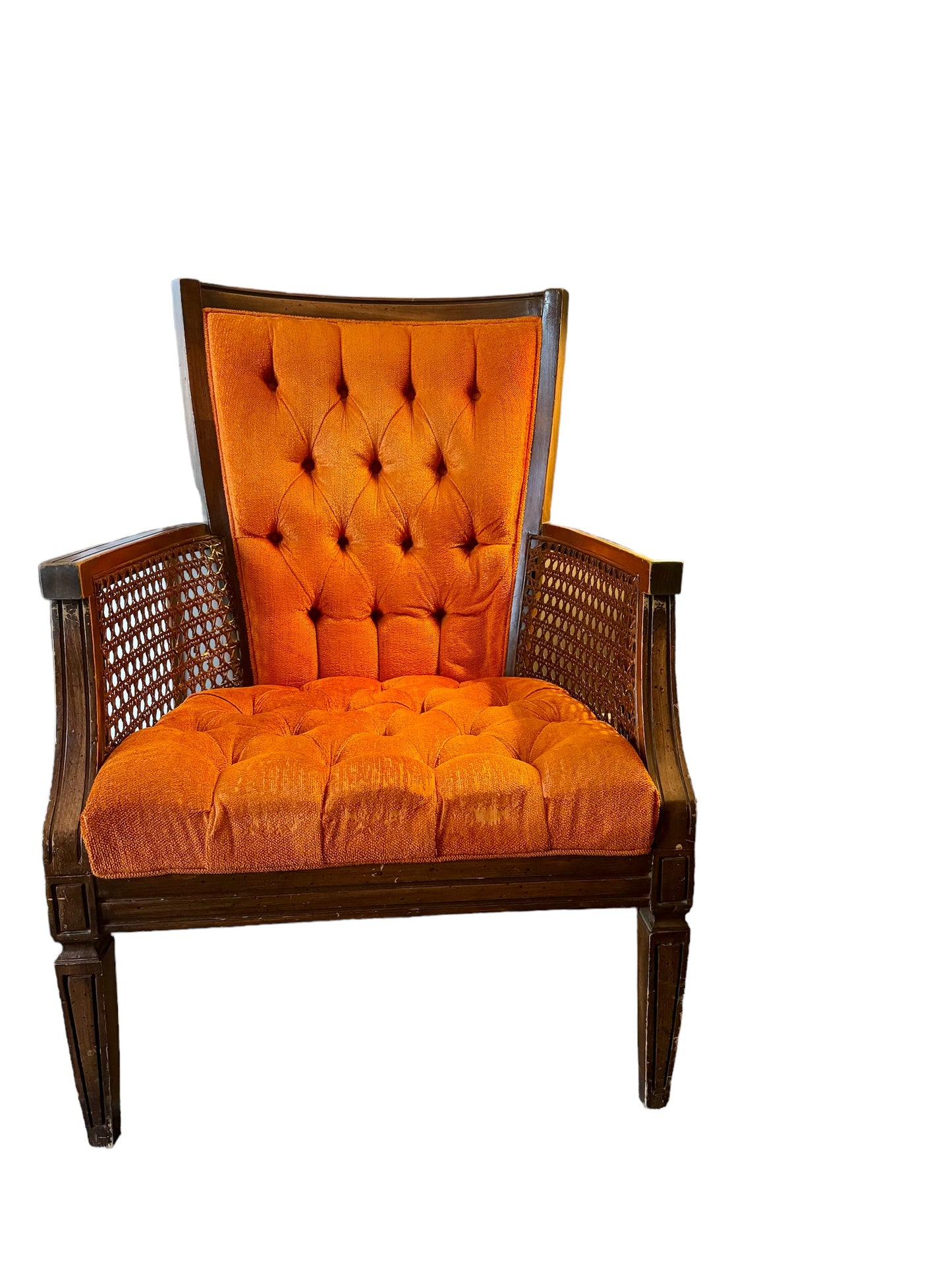 VINTAGE WALNUT TUFTED ORANGE VELVET CHAIR WITH CANED ARMS