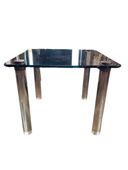 PACE GLASS, LUCITE AND BRASS TABLE