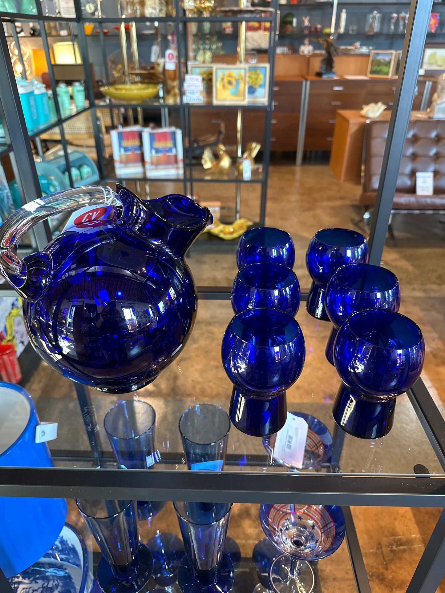 CAMBRIDGE COBALT PITCHER/MUSHROOM GLASSES