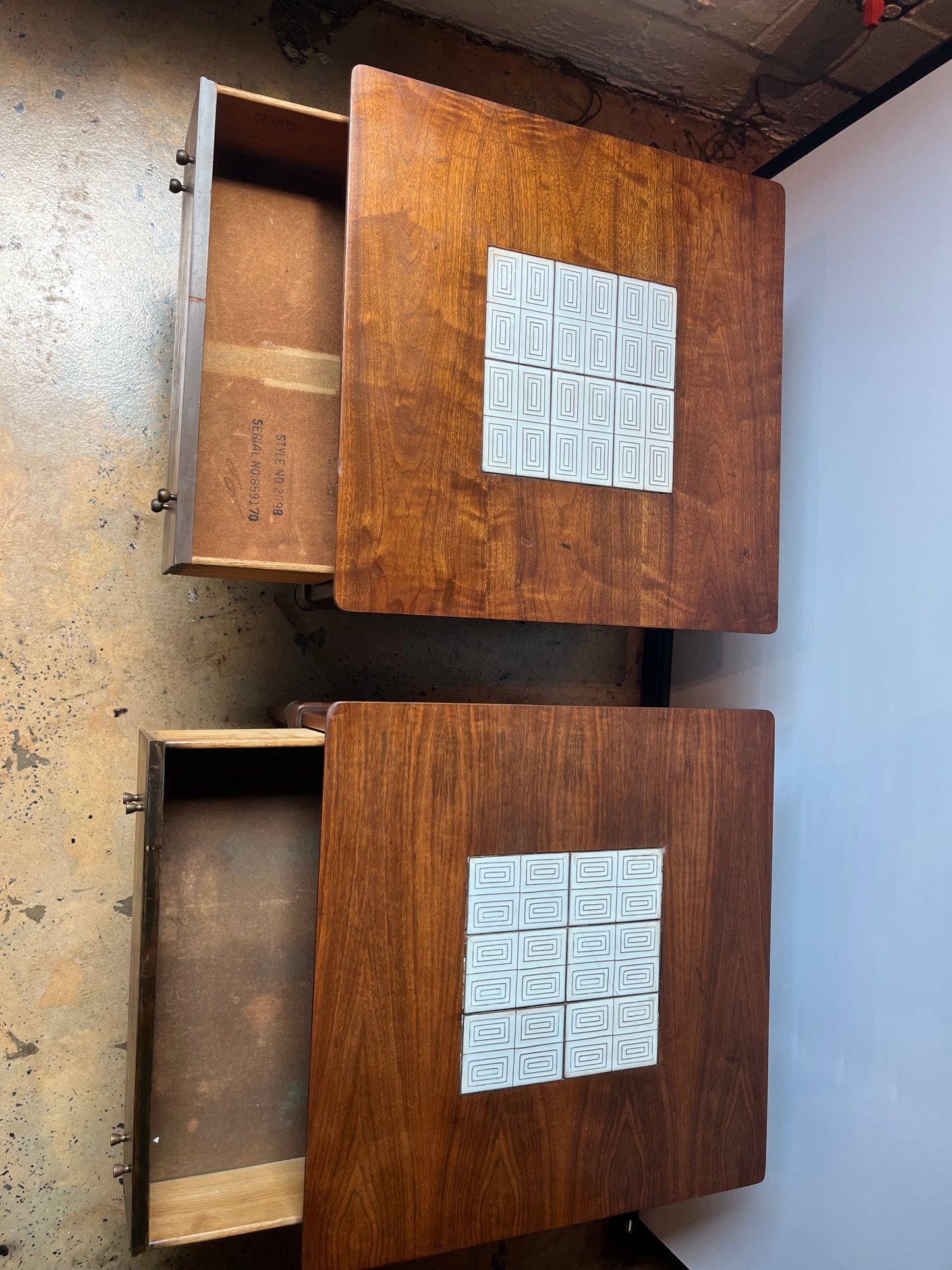 PR OF LANE TILE TOP WALNUT END TABLES