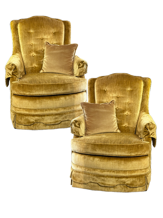 Pair of Harvest Gold Crushed Velvet Lounge Chairs by Clyde Pearson