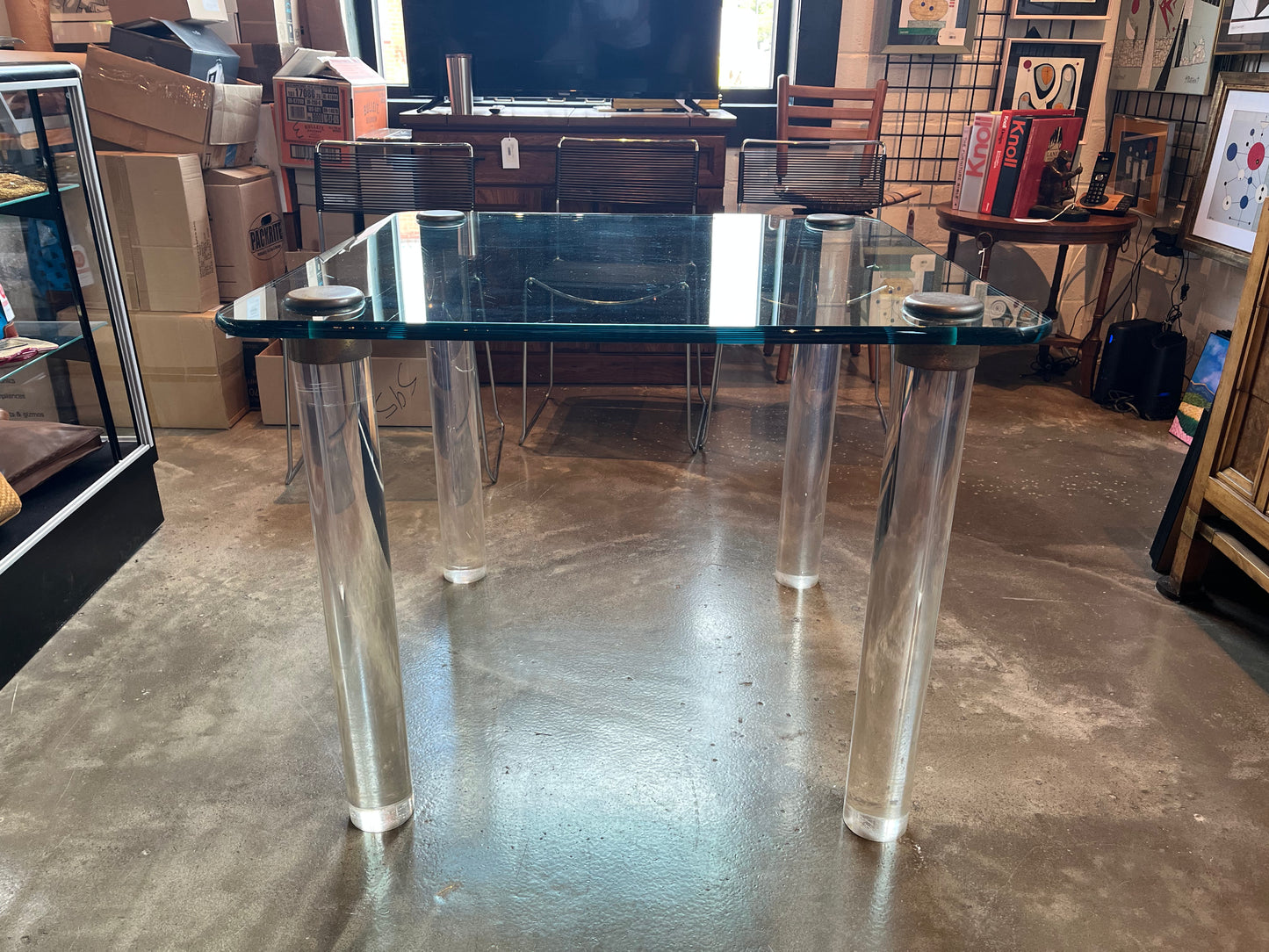 PACE GLASS, LUCITE AND BRASS TABLE