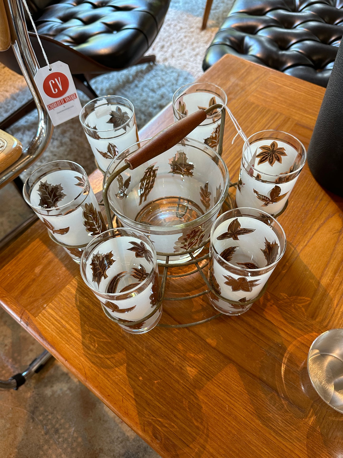 LIBBY VINTAGE FROSTED SILVER LEAF TUMBLERS WITH ICE BUCKET AND CARRIER