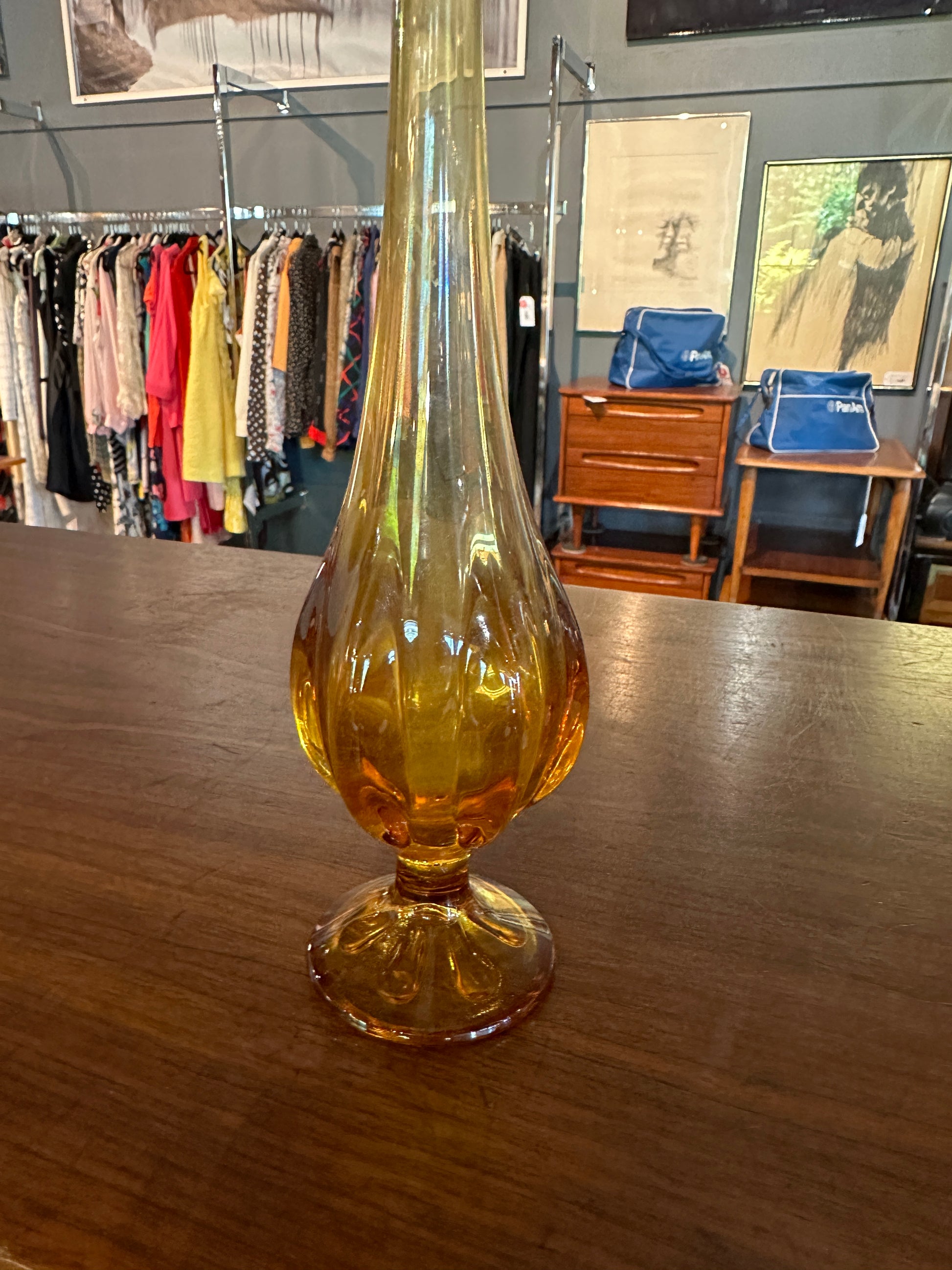 17" AMBER LE SMITH GLASS SWUNG VASE