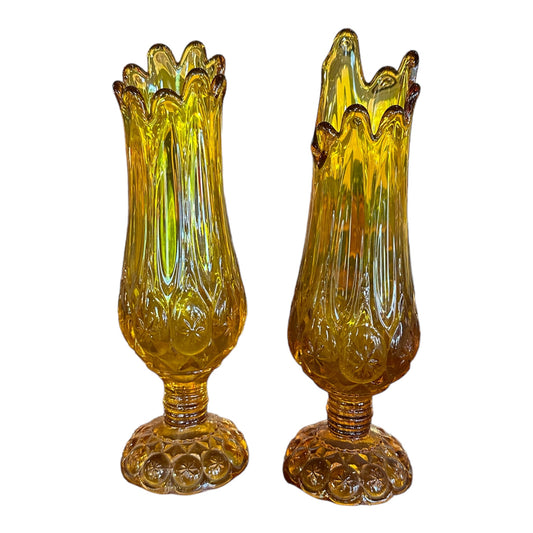 PAIR OF 1966 Kanawha Amber Moon and Stars Glass Swung VaseS