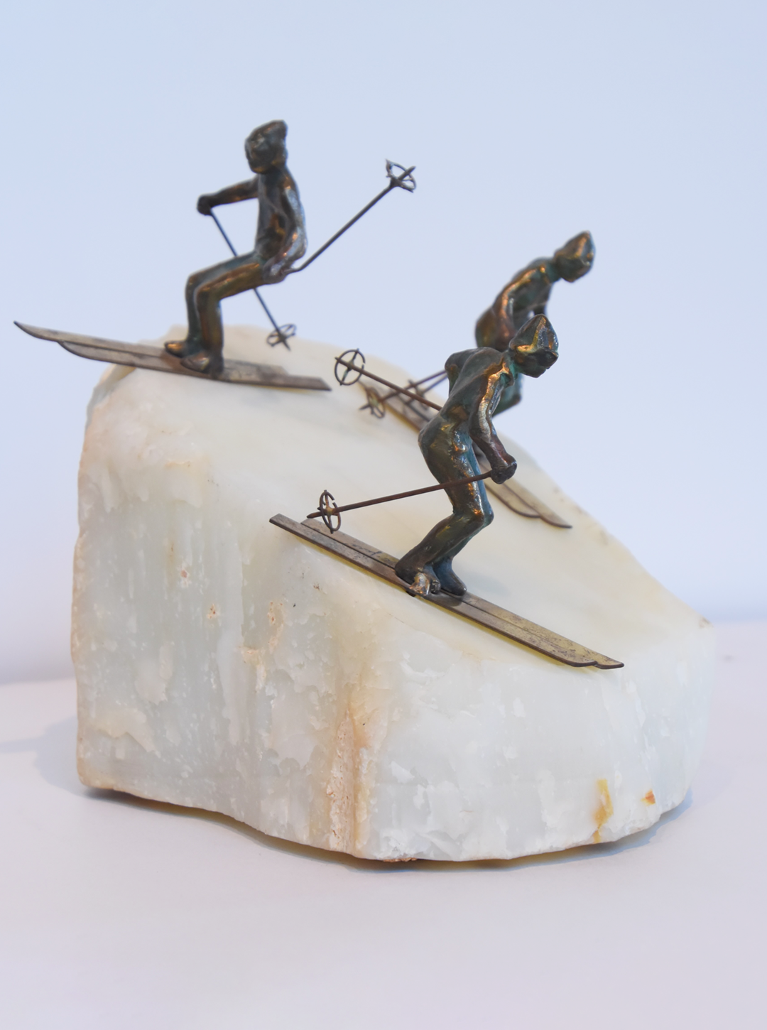 Sculpture of Skiers on Onyx by Curtis Jere