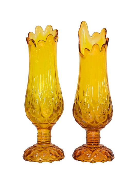 Pair of 1966 Kanawha Amber Moon and Stars Glass Swung Vases